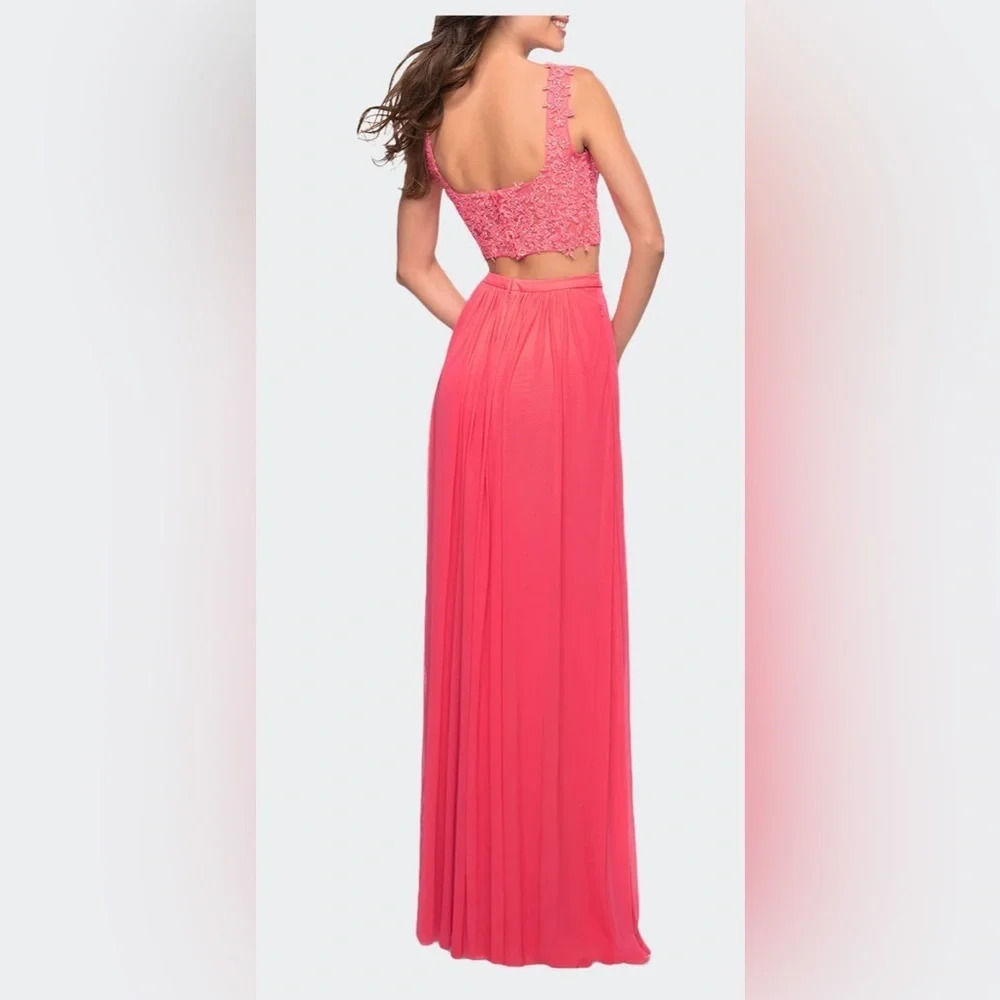 La Femme Pink Beaded Lace To Two Piece Dress With Pockets